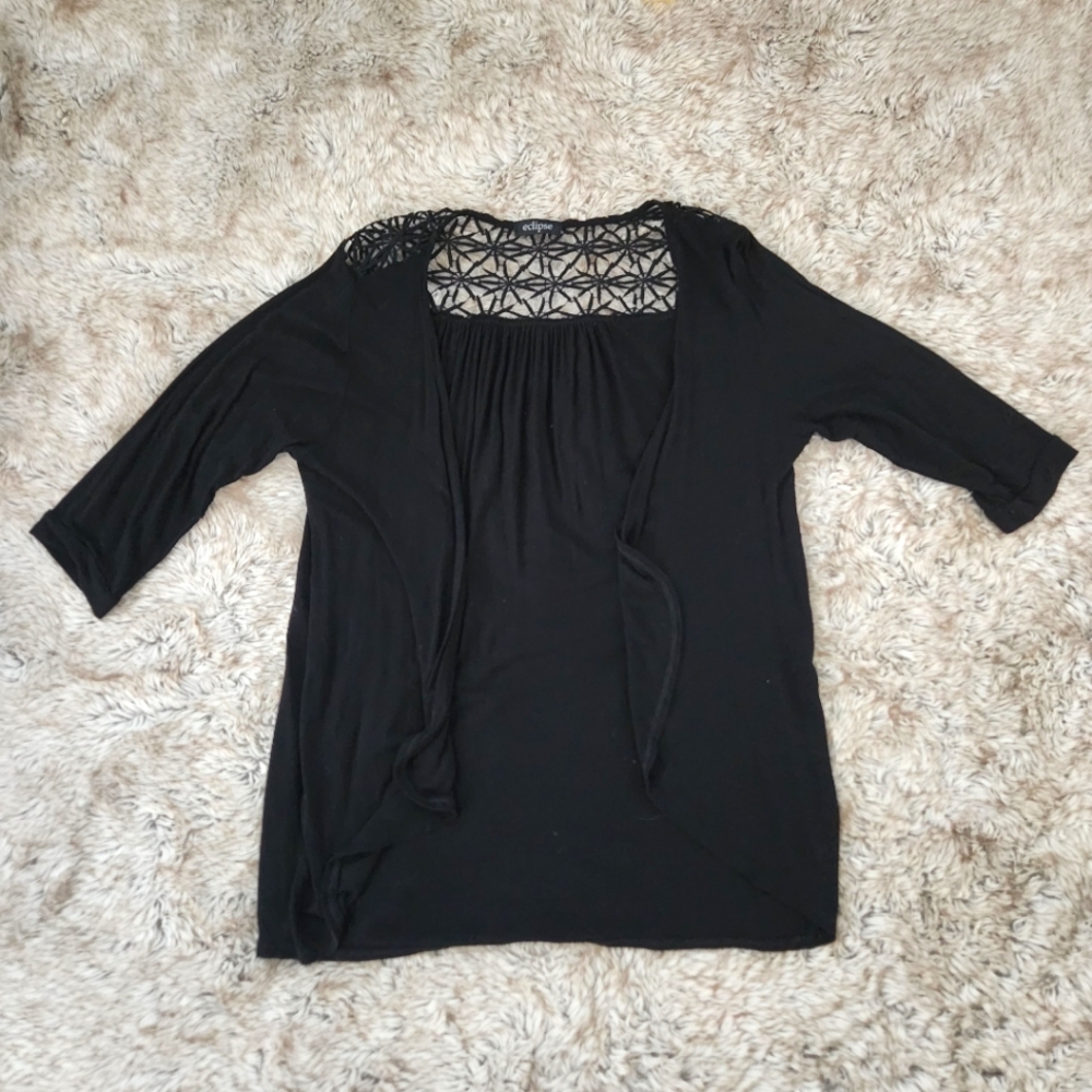 Eclipse Half Sleeve Crochet Knit Panel Cardigan Black Women's Size XL‎
